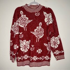 Vintage Glamour Knit Pink White Floral Mockneck Sweater Size Medium Cottagecore